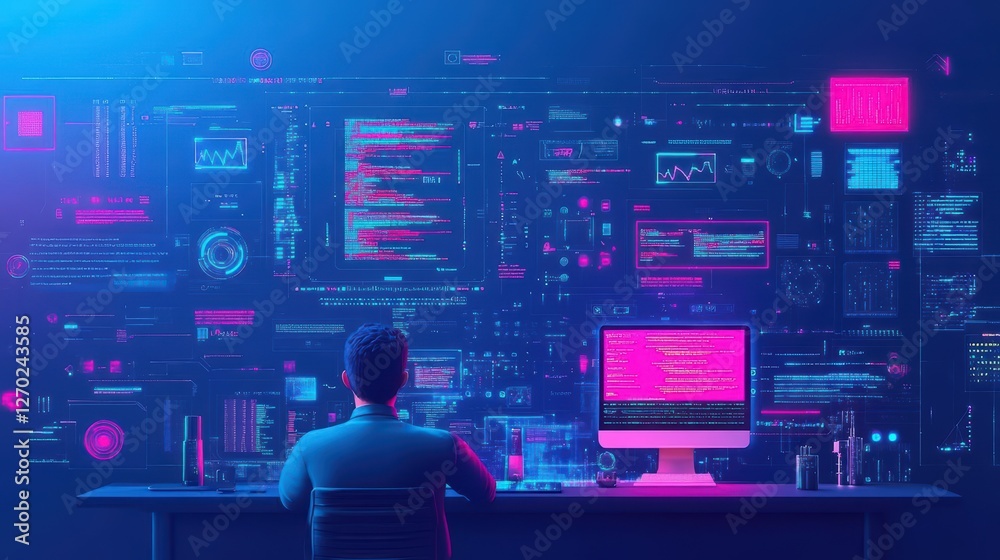 Poster focused professional man analyzing data on computer surrounded by wall of information creating a pro