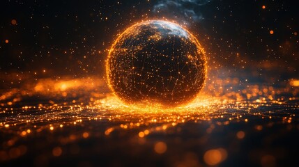 Glowing Digital Sphere with Network Connections and Particles
