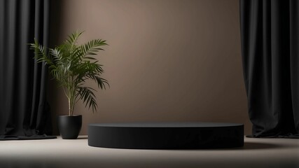 Minimalist black podium with soft spotlight on a dark background. Elegant and modern showcase platform, perfect for product display, branding, or presentation in a studio setting
