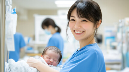 Japanese nurse doctor woman carrying a newborn baby at pediatric home care healthcare