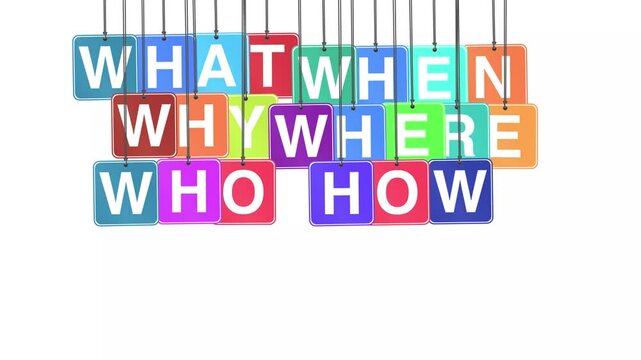 "What, When, Where, Why, Who, and How" words or text hanging and bouncing animation on a white background and green screen. Represents inquiry, curiosity, and critical thinking