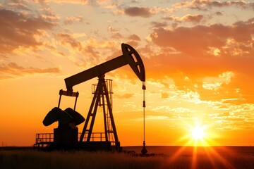 Oil pump jack silhouette against a vibrant sunset sky energy production in the golden hour
