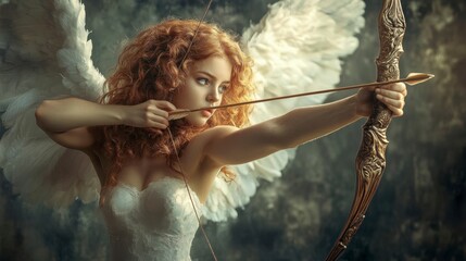 A captivating angelic archer with wings aims with bow