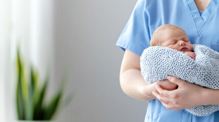 Brunette nurse doctor woman carrying a newborn baby at pediatric home care healthcare