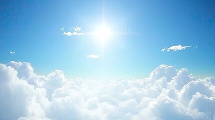 Bright sun shining over fluffy white clouds in a clear blue sky, evoking a sense of peace