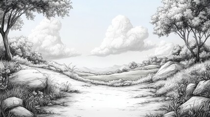 Serene Rural Landscape with Clouds and Gentle Rolling Hills