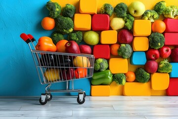 Vibrant shopping cart filled with fresh produce against a colorful block background scene