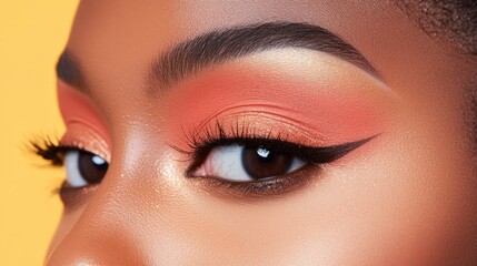 Fototapeta premium Close-up of Beautiful Eye Makeup with Dramatic Winged Eyeliner on Vibrant Background