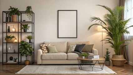 Modern Living Room with Mock Up Poster Frame, Cozy Beige Sofa, Stylish Plants, Elegant Shelf, Chic Coffee Table, and Soft Boucle Rug - Long Exposure Photography
