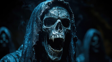 Grim reaper skull in dark hooded robe, surrounded by shadowy figures.