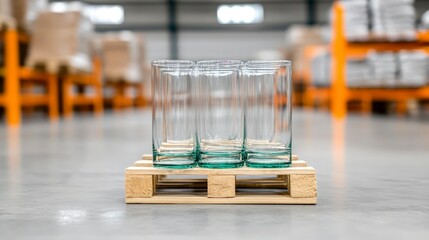 Glassware Display on Wooden Pallet in Warehouse Setting with Soft Focus Background