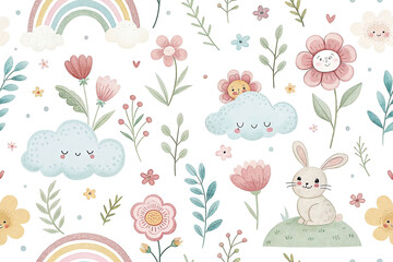 Cute floral pattern with rainbow, clouds, rabbits, and flowers.  Kids wallpaper