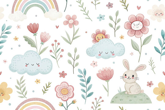 Cute floral pattern with rainbow, clouds, rabbits, and flowers.  Kids wallpaper