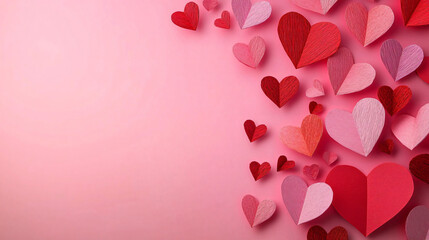 Colorful red and pink hearts on a pastel pink background, ideal for Valentine's Day cards, wedding invitations, or romantic event promotions.