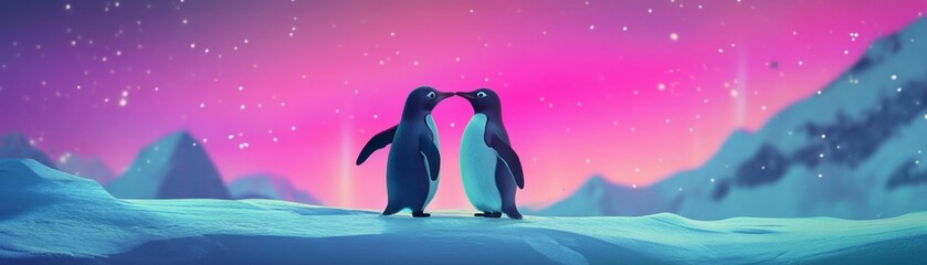 Obraz premium Lovestruck Penguins Gazing Affectionately Under Aurora