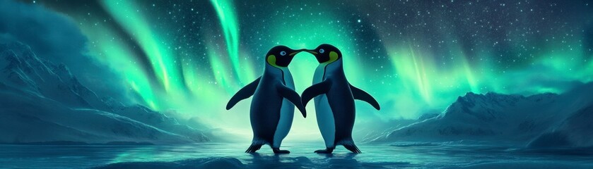 Naklejka premium Two emperor penguins in Love are touching beaks under aurora