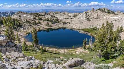 Naklejka premium Serene mountain landscape featuring a clear lake surrounded by rocky terrain and lush greenery