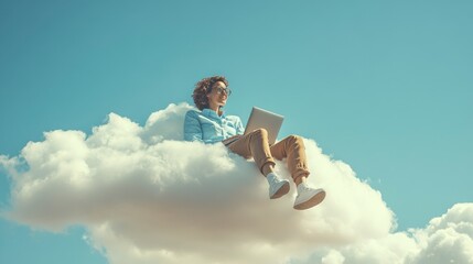 Smiling Woman Cloud Working: Laptop on Sky Dream Job