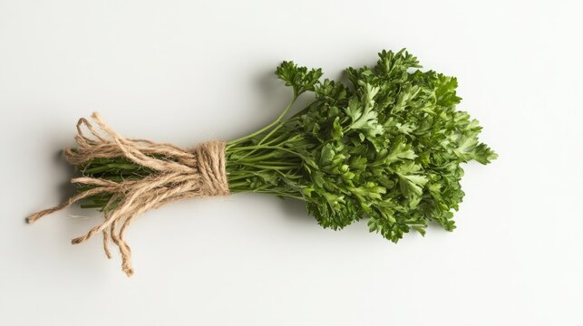 A bunch of fresh parsley tied with twine, ready for use in cooking. The vibrant green herb looks delicious!