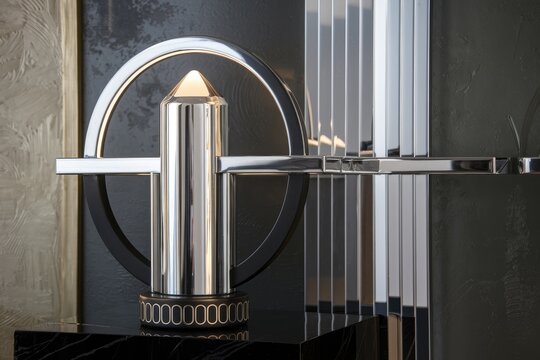 Art Deco Style Chrome Lamp with Reflected Glass Columns on Black Marble, Elegant Home Decor, Soft Light