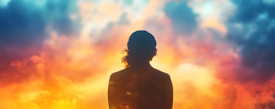 Silhouette of a person standing against a dramatic colorful sky