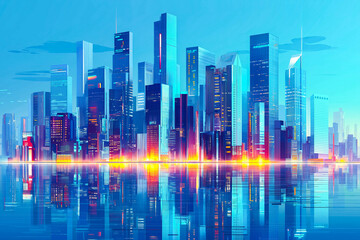 Modern skyscrapers of a smart city, futuristic financial district, graphic perspective of buildings and reflections - Architectural blue background for corporate and business brochure template