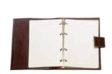 Notebook with leather cover, notepad on white background with space for text