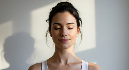 Serene Woman Framed by Backlighting on Gray Wall