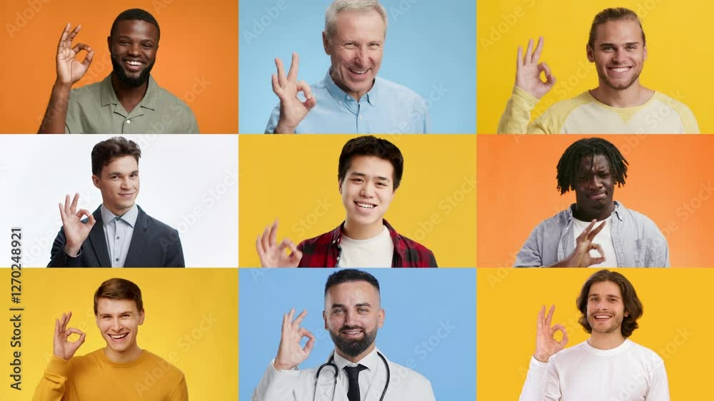 Poster nine men from varied backgrounds express positivity by making the okay hand gesture. the vibrant bac