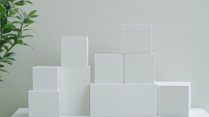 Minimalist white boxes stacked in geometric arrangement with green plant accent.