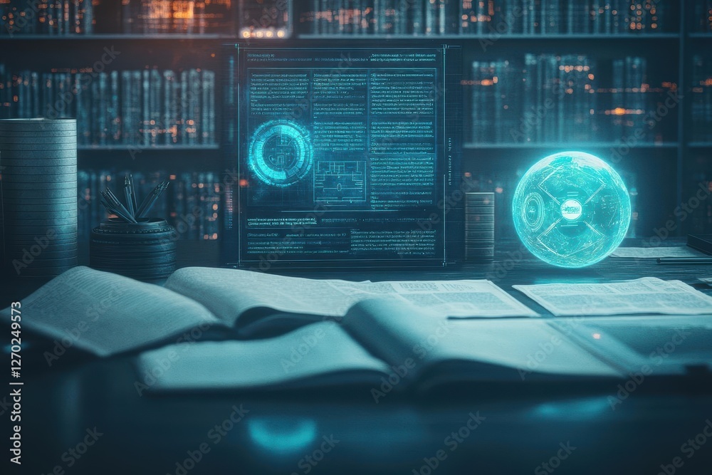 Poster futuristic workspace featuring a computer with a glowing globe symbolizing global connectivity and t