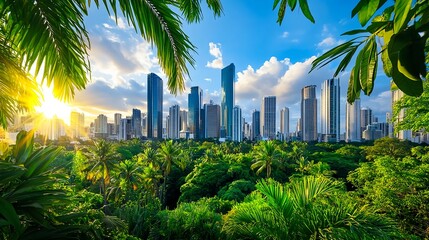 Panama City Skyline Sunrise, Tropical View - Urban Nature