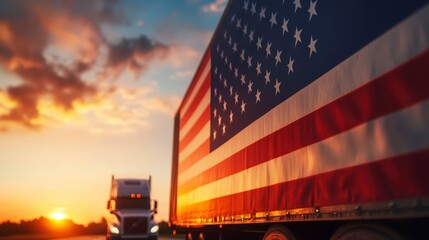 American Flag Displayed on Truck Trailer Against Sunset Sky and Clouds