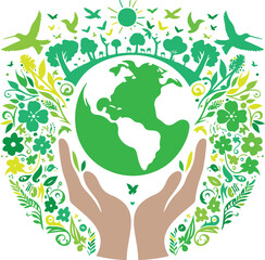 Hands holding green Earth surrounded by nature.