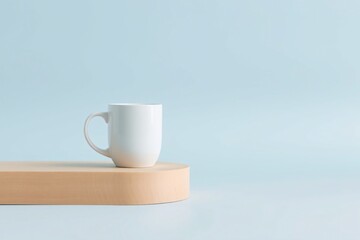 Fototapeta premium A simple and modern white mug displayed on a wooden block against a pastel blue backdrop