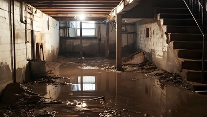 Flooded basement interior with debris and stairs
