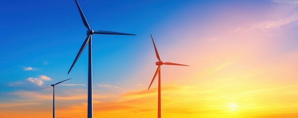 Obraz premium Wind turbines stand tall against a vibrant sunset sky, symbolizing renewable energy and sustainable development.