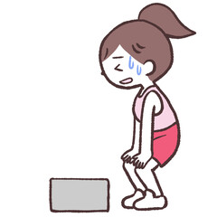昇降運動でくたくたになりながら箱の前に立つ女性全身イラスト
