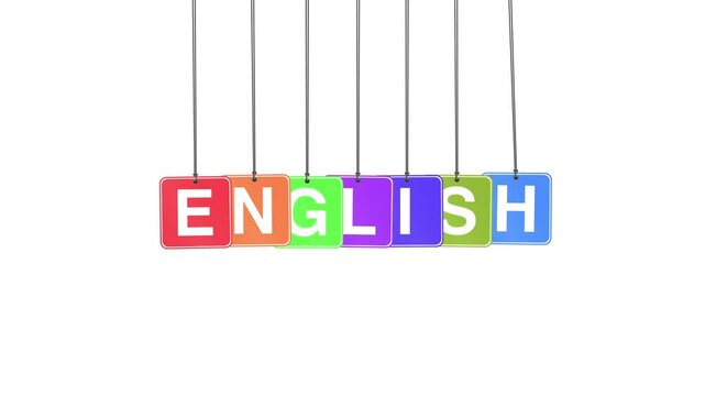 "English" word or text hanging and bouncing animation on a white background and green screen. Represents language, communication, and education