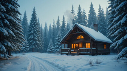 Cozy Winter Cabin in a Snowy Forest with Warm Glowing Lights