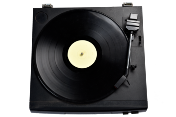 old vinyl record player on white background