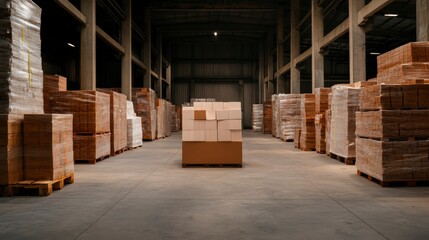 Empty Warehouse with Stacked Pallets of Boxes and Goods for Distribution and Storage