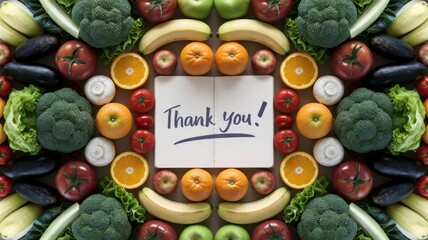 Fresh produce surrounds notebook with a thank you message