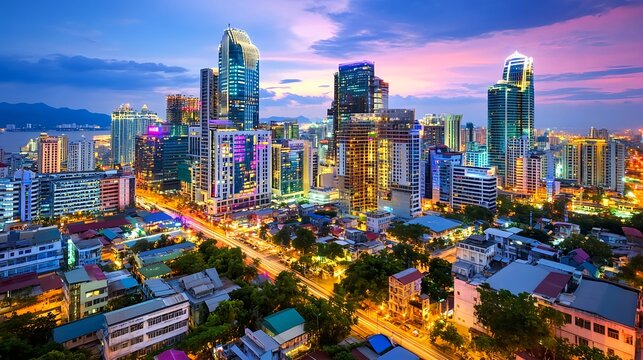 Vibrant Cityscape at Sunset, Night City - Urban Exploration