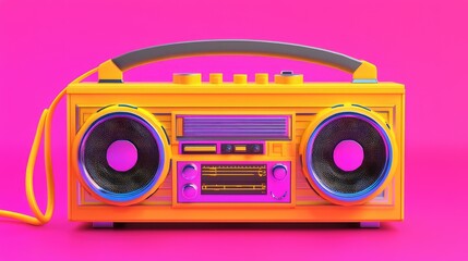 Vibrant retro boombox on a bright pink background, evoking nostalgia and fun music vibes