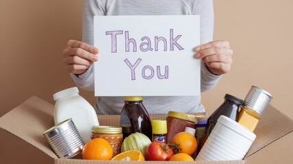 Person holding thank you sign above box of food