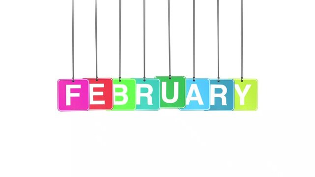 "February" word or text hanging and bouncing animation on a white background and green screen. Represents the second month of the year, winter, and seasonal themes