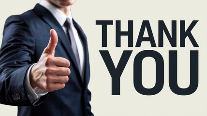 Businessman in suit giving thumbs up with thank you message