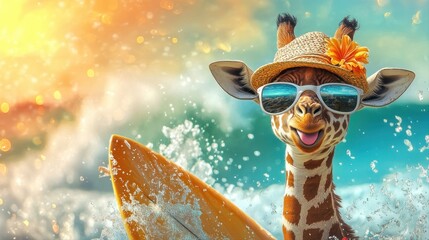 Giraffe wearing a sun hat and sunglasses while surfing on a wave in a vibrant ocean setting