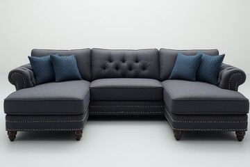 Dark gray fabric sofa with armrests, oversized chaise lounge, blue studded pillows, L-shaped seating, footstools, and comfortable design for four people.